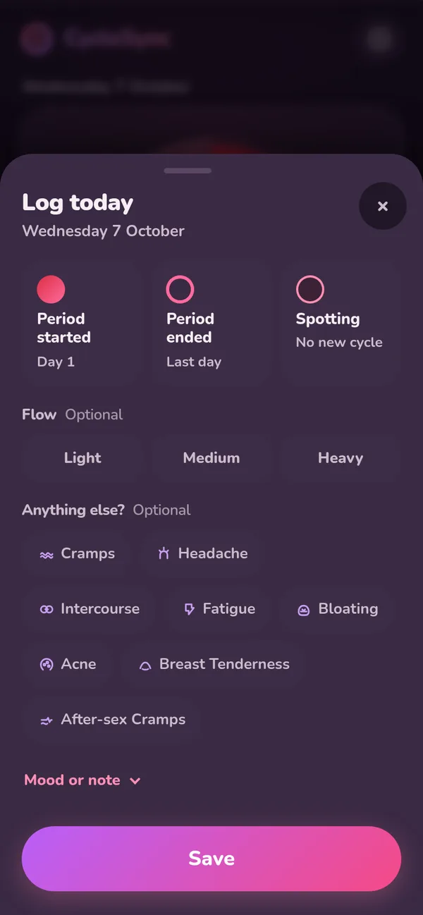 Log sheet in dark mode: Period started, Period ended or Spotting, flow Light, Medium or Heavy, symptoms, and a Save button