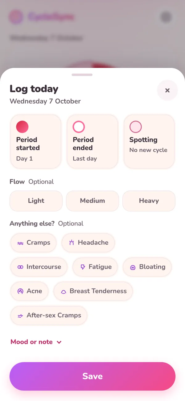 Log sheet: Period started, Period ended or Spotting, flow Light, Medium or Heavy, symptoms, and a Save button